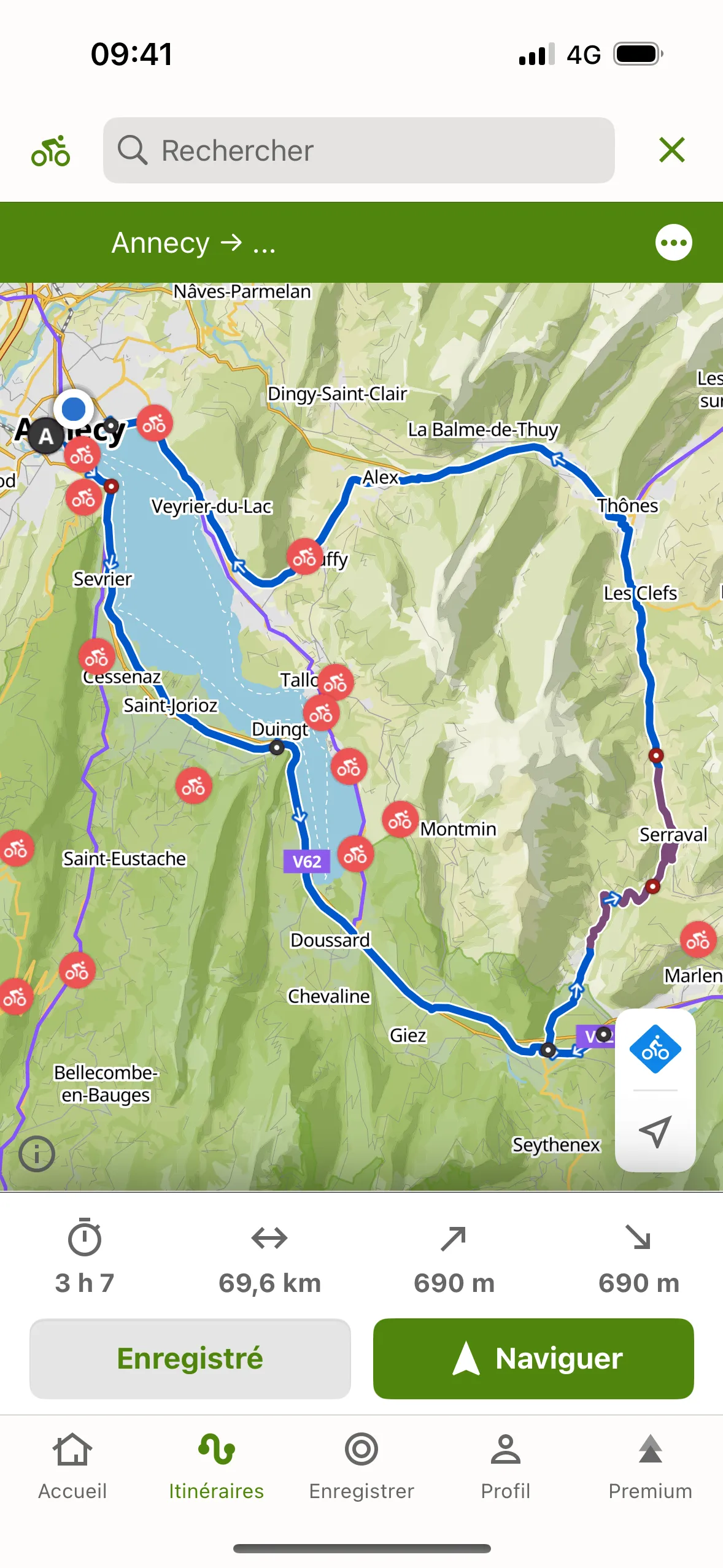 La carte de l’itinéraire dans l’application Komoot