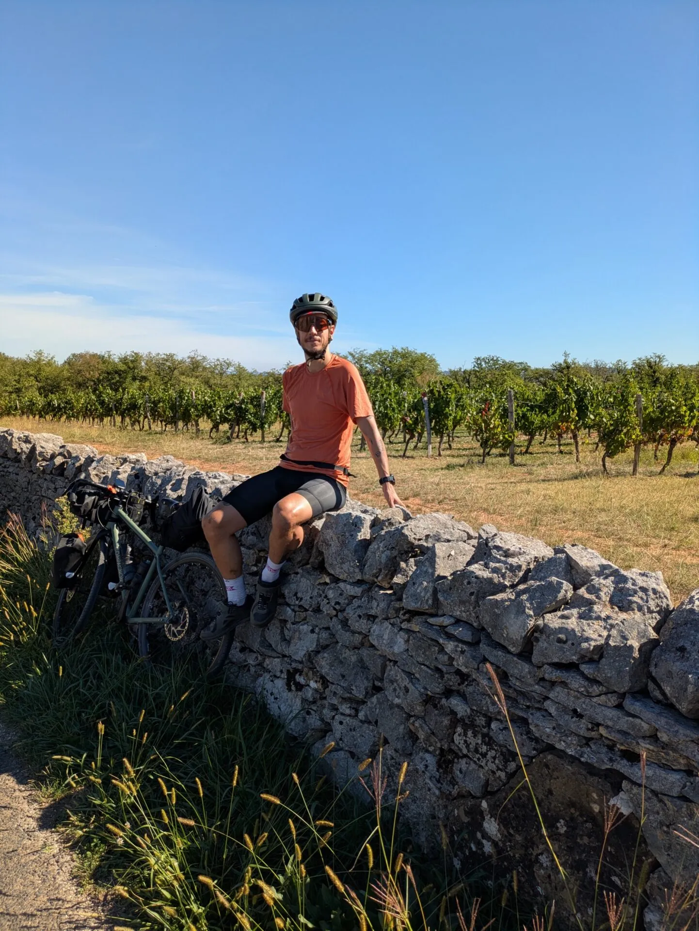 Pierre assis sur un muret de pierre sèche au milieu des vignes du causse